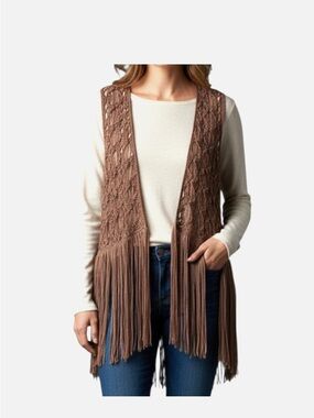 Chico's Open Crochet Margo Fringe Vest Boho Western in Bronze/Brown color Size 2
